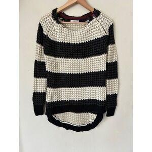 Poof Excellence Womens Striped Chunky Knit Shoulder Zip High Low Sweater 25612J